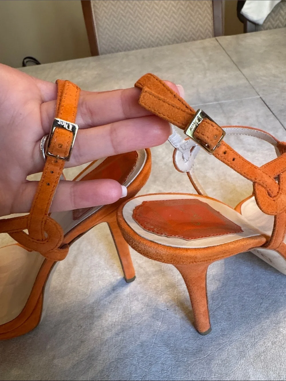 Dior Orange Suede T-Strap Slingback Heels